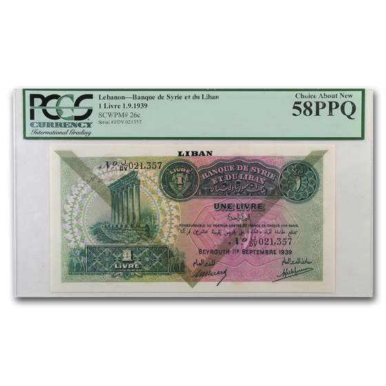 1939 Lebanon/Syria 1 Livre AU-58 PPQ PCGS 1939 Lebanon/Syria 1 Livre AU-58 PPQ PCGS